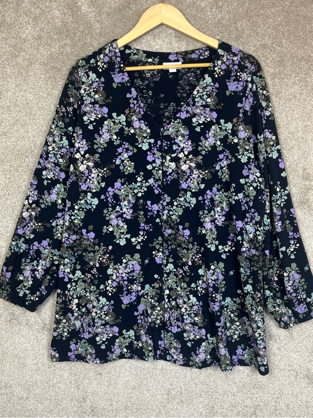 J Jill Tunic Womens Extra Large Black Purple Floral Stretch Button Front- 5326